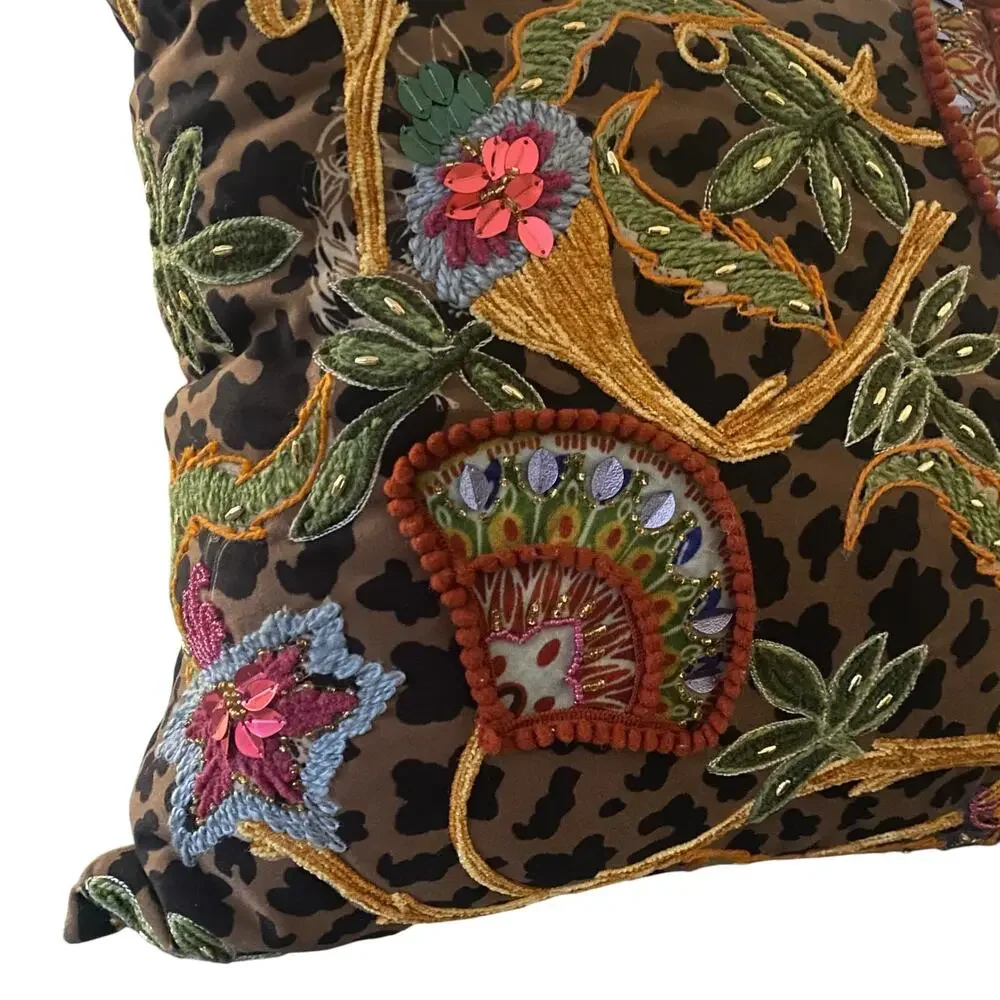 Handmade Decorative Accent Pillow with Embroidered Beaded Accents & Animal Print